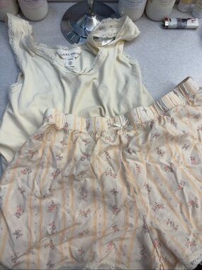 Laura Ashley Cream Ribbed Lace-Trim Cami with Pastel Floral Stripe Shorts